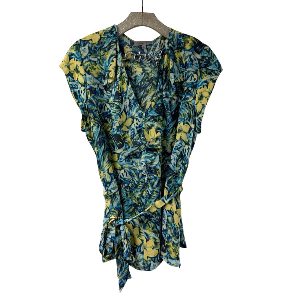Classiques Entier 100% Silk Blouse Blue Green Print XL V Neck Ruffle Tie Waist